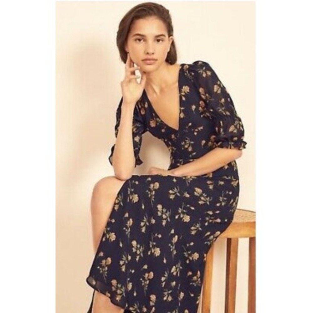 Reformation Larchmont Midi Dress Navy Floral Rose Print V-Neck Front Slit Size 4